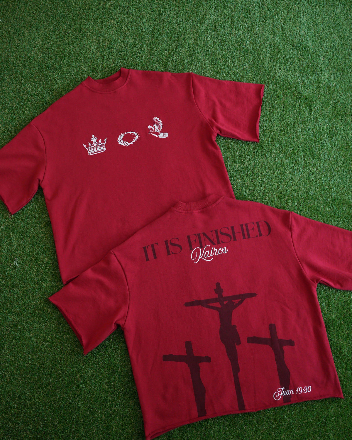 KAIROS IT IS FINISHED red tee front and back editorial product view